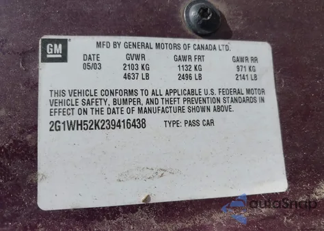 2003 Chevrolet Impala Ls z USA, uszkodzony, nr VIN 2G1WH52K239416438